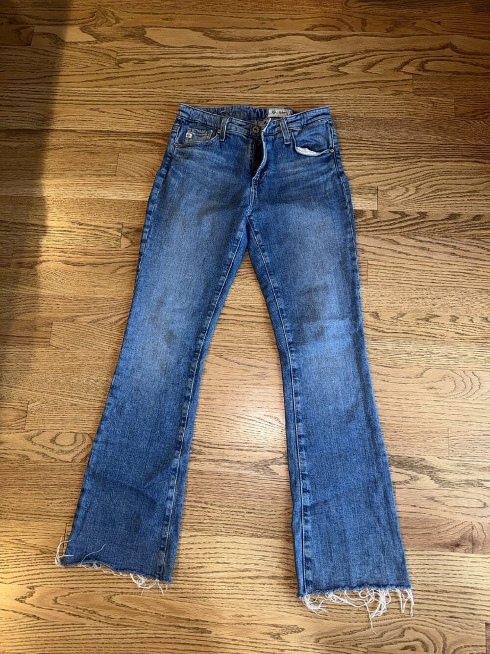 AG Adriano Goldschmied Crop Flare Jeans Medium Wash Raw Hem 27